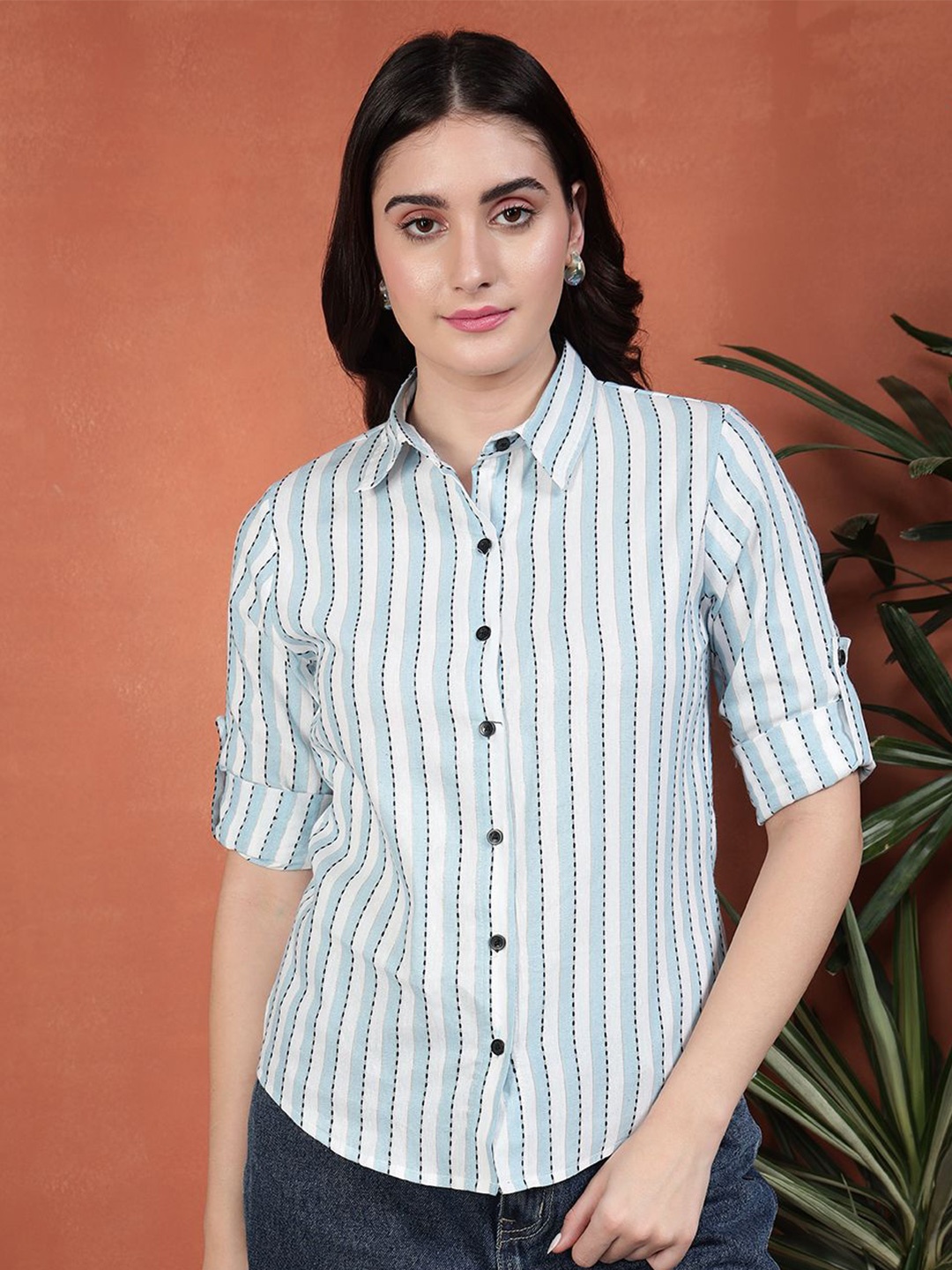 

BAESD Women Standard Opaque Striped Casual Shirt, Blue