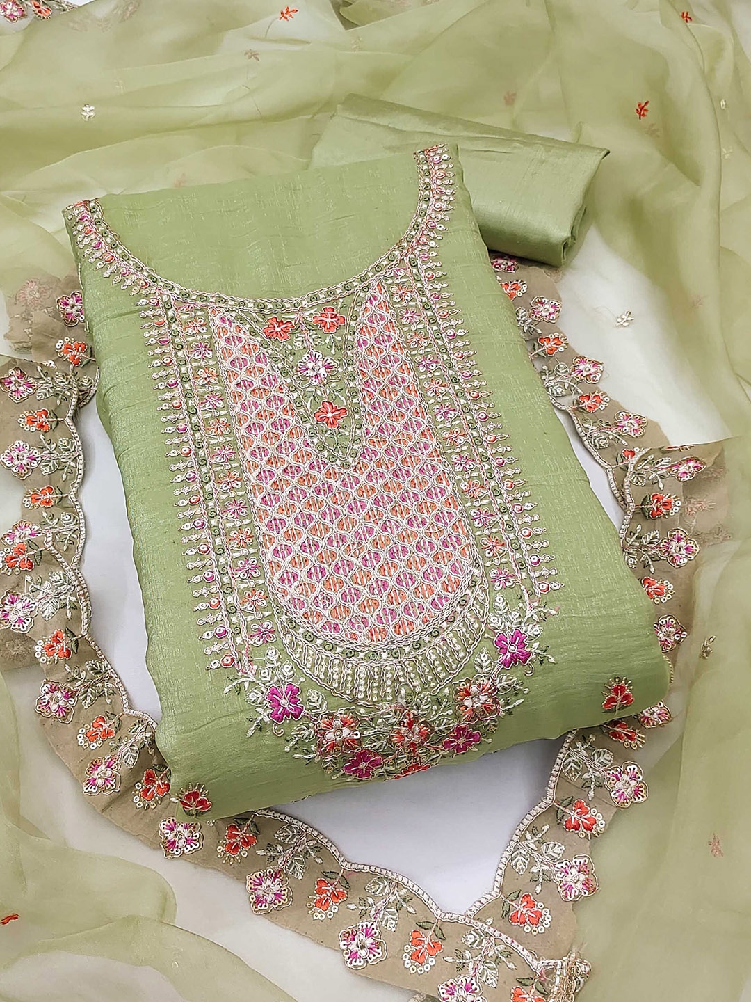 

SHADOW & SAINING Embroidered Organza Semi-Stitched Dress Material, Green