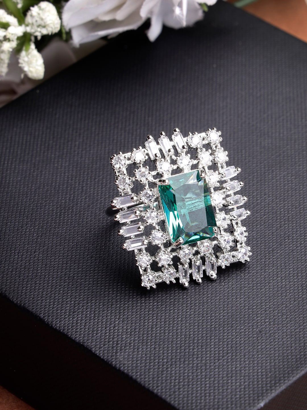 

Anouk Women Green & Silver CZ-Studded Square-Shaped Adjustable Finger Ring