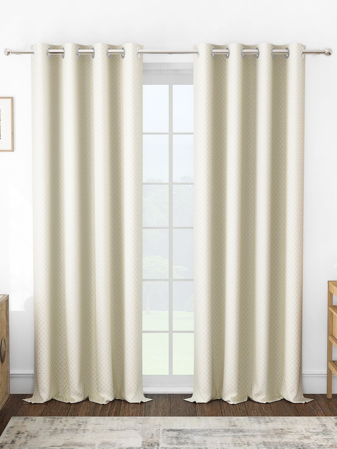 

Story@home Cream-Coloured & White Set of 2 Geometric Room Darkening Long Door Curtain