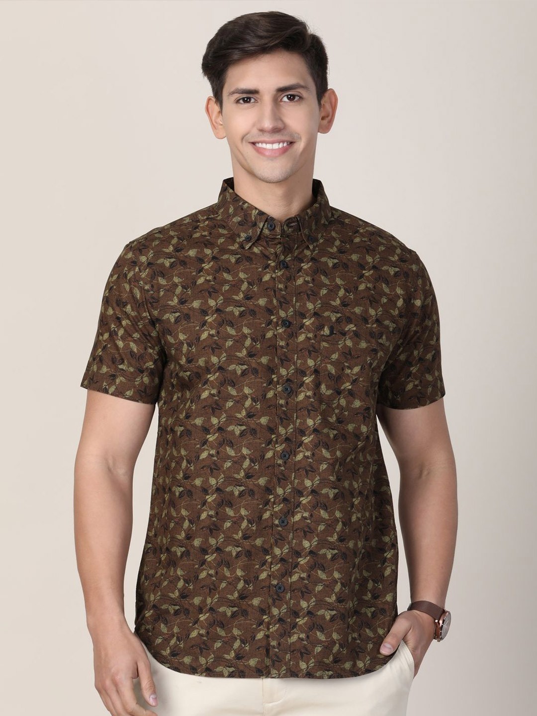 

MERCHANT MARINE Men Standard Slim Fit Sheer Printed Casual Shirt, Brown
