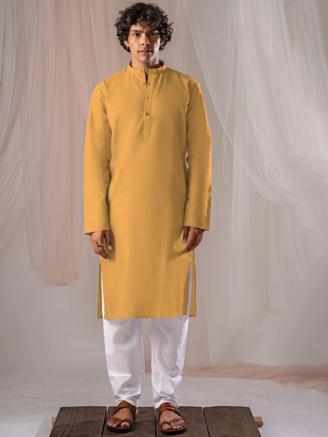 

5 Stitch Men Regular Kurta with Pyjamas, Yellow