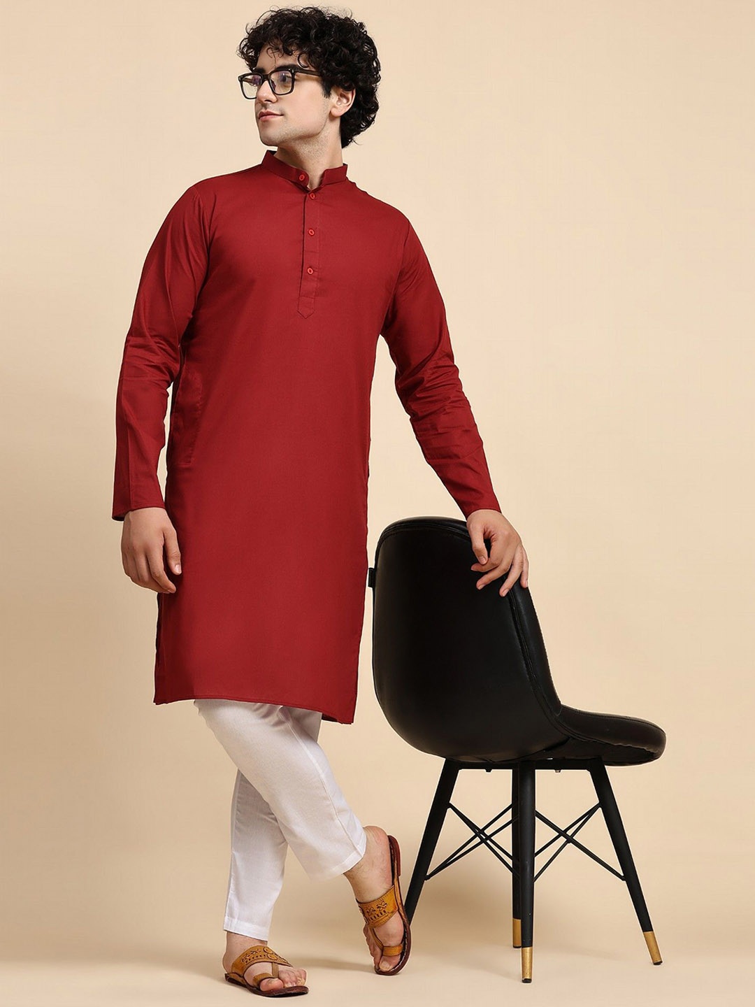 

SKAVIJ Men Regular Pure Cotton Kurta with Pyjamas, Red