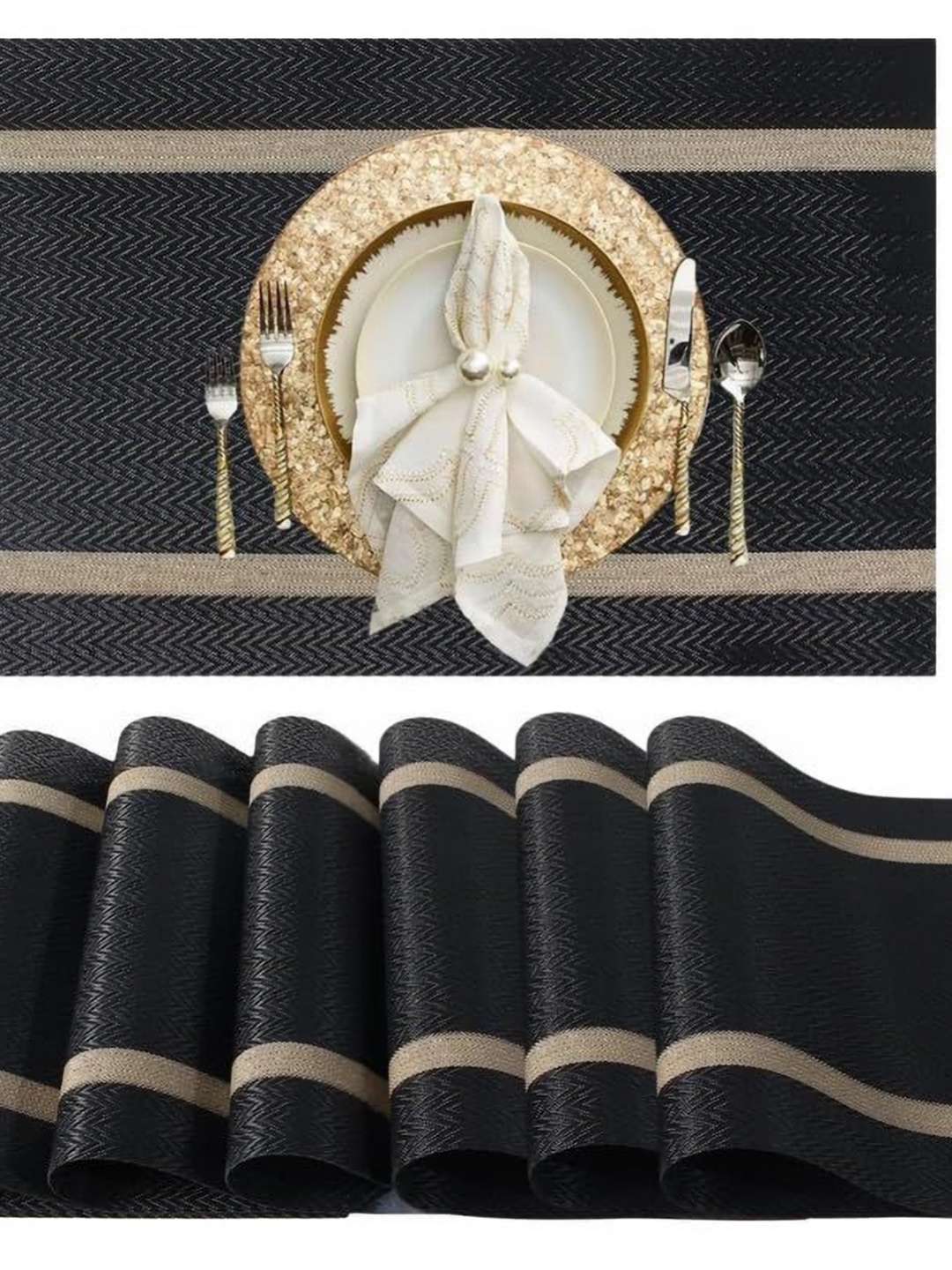 

royalkart 6-Pcs Black & Beige Colored Textured TablePlacemats