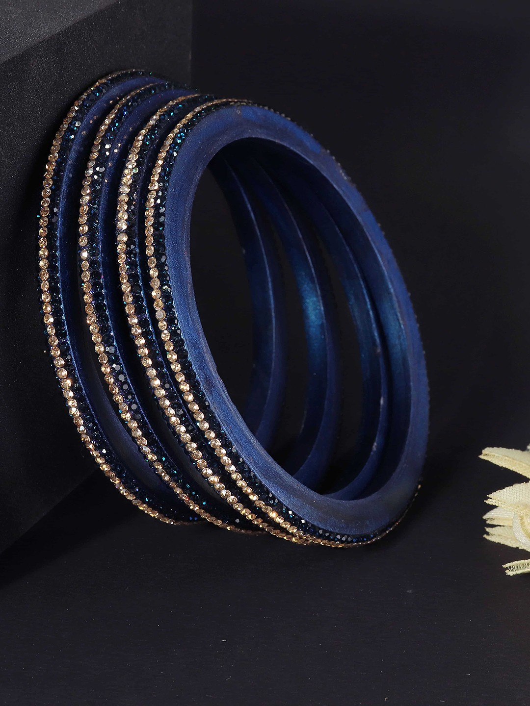 

ZULKA Lac Set Of 4 Zircon Diamond -Studded Kada Bangles, Blue