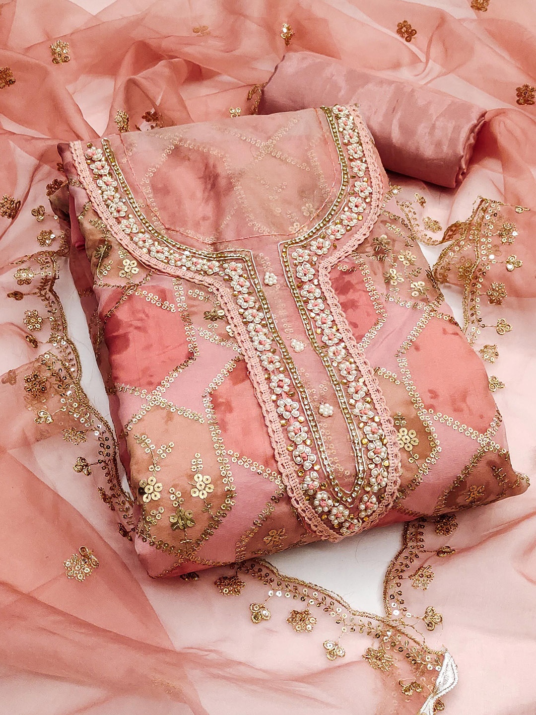 

SHADOW & SAINING Embellished Organza Semi-Stitched Dress Material, Peach