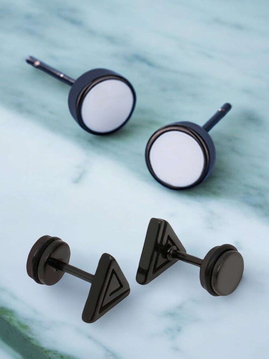 

The Roadster Lifestyle Co Men Set Of 2 Round & Triangle Small Ear Stud, Black