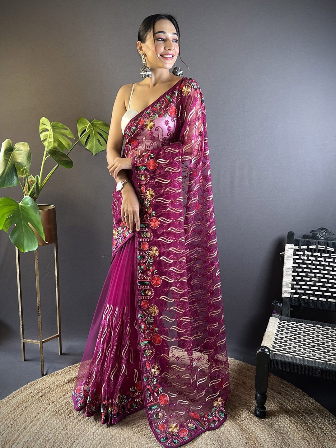 

LeeliPeeri Designer Floral Embroidered Net Designer Saree, Purple