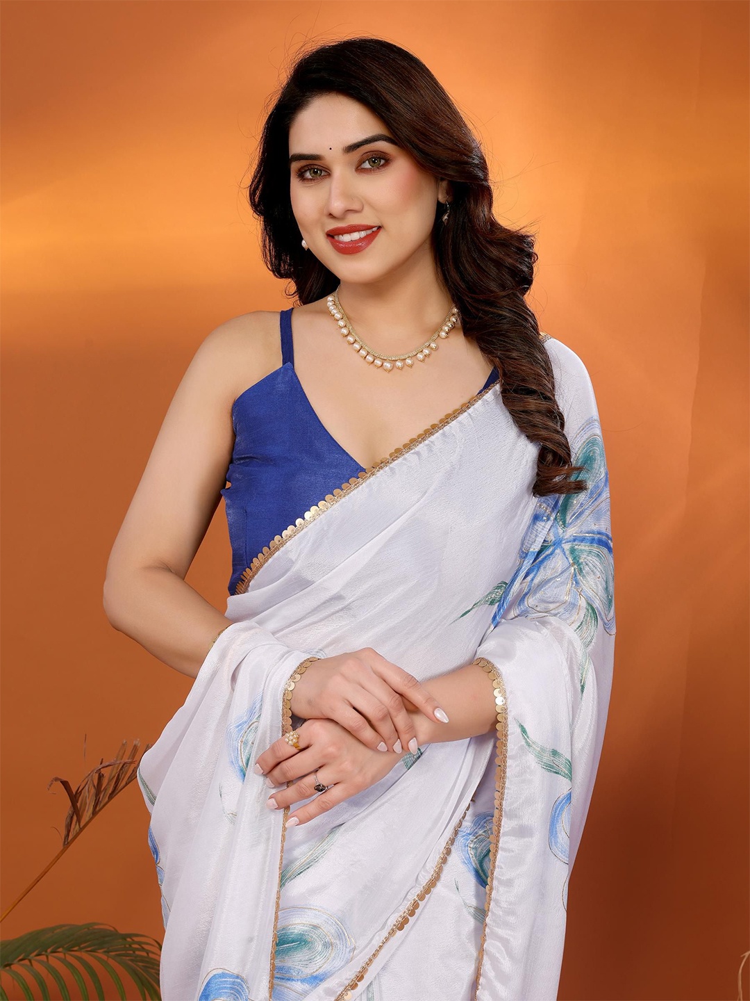 

Ekasya Floral Poly Chiffon Saree, Blue