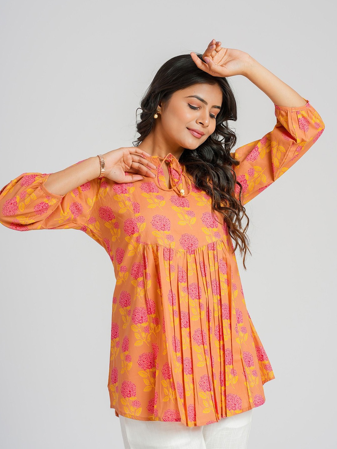 

Cotton Curio Pure Cotton Block Floral Printed Tunic, Orange