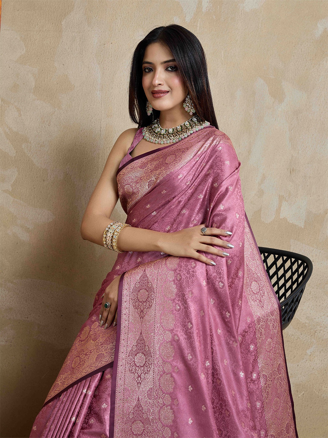 

TASRIKA Woven Design Zari Satin Heavy Work Banarasi Saree, Rose