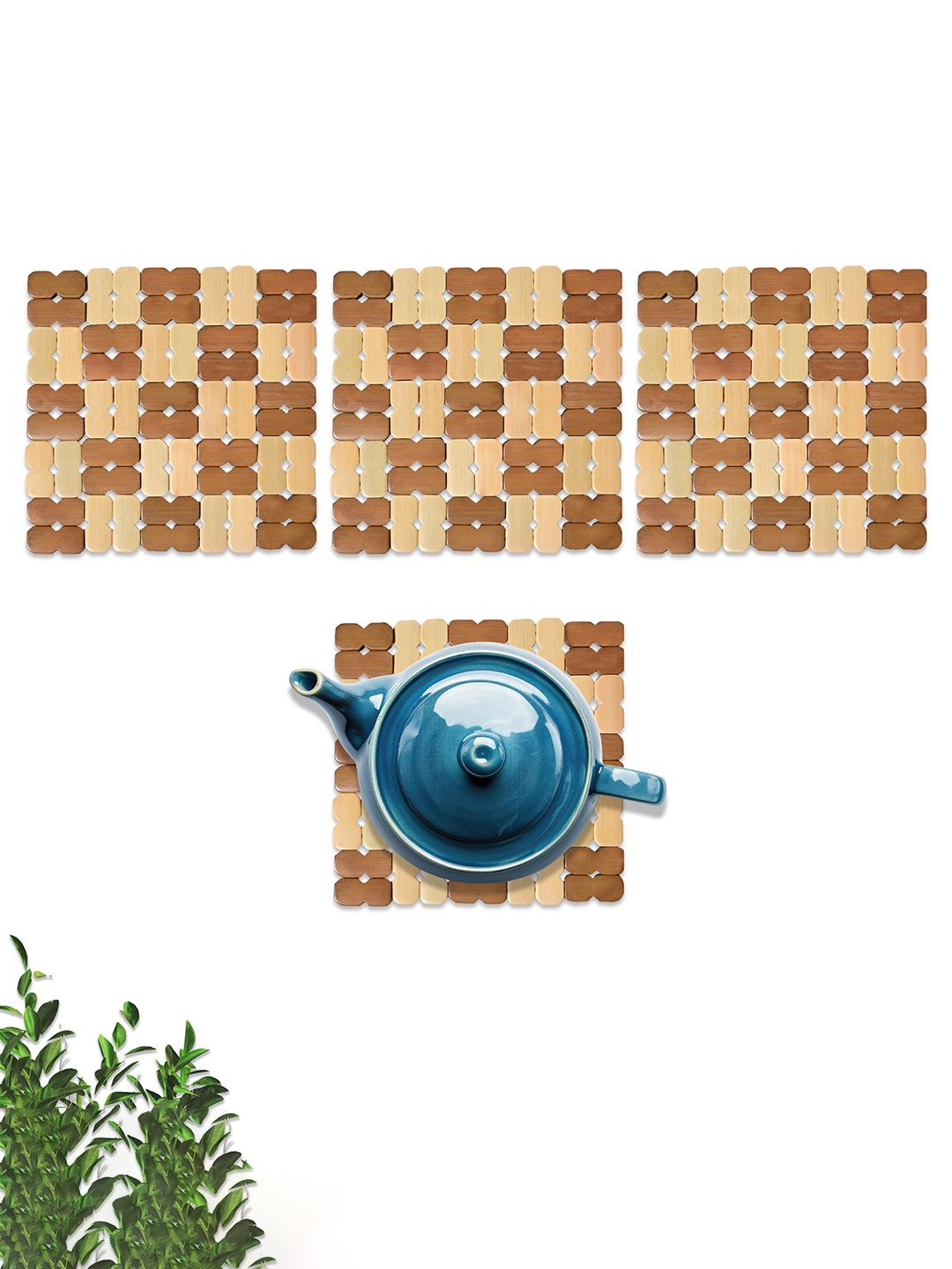

Kuber Industries 4-pcs Brown & Cream Bamboo Trivet TeaCoaster
