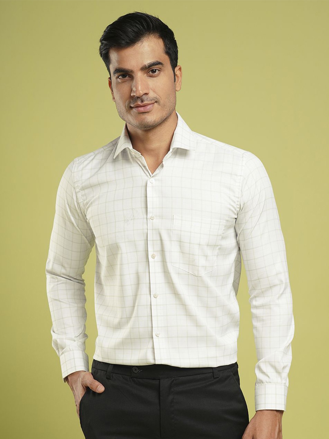 

John Philips Men Slim Fit Grid Tattersall Checks Opaque Checked Formal Shirt, Green