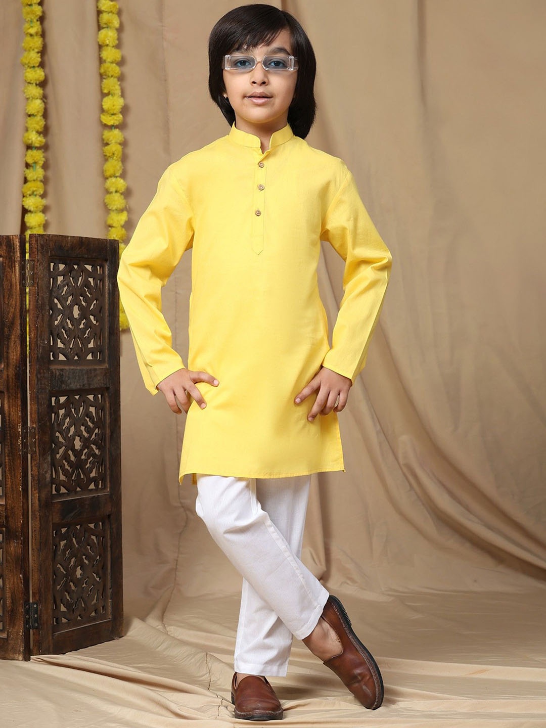 

SKAVIJ Men Regular Pure Cotton Kurta with Pyjamas, Gold