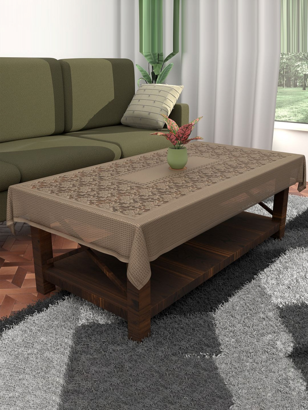 

Aura Brown Floral Cotton 4-Seater Table Cover with Embroidered details