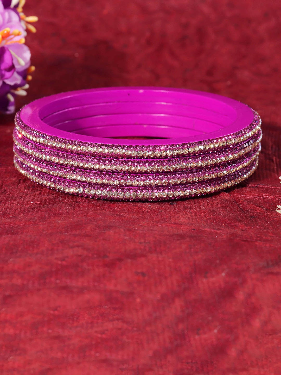 

ZULKA Set Of 8 Zircon Diamond -Studded Kada Bangles, Magenta