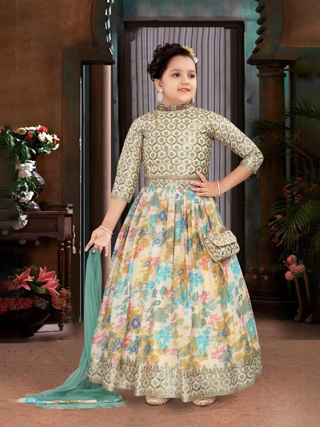 

BAESD Girls Printed Thread Work Ready to Wear Lehenga & Blouse With Dupatta, Cream