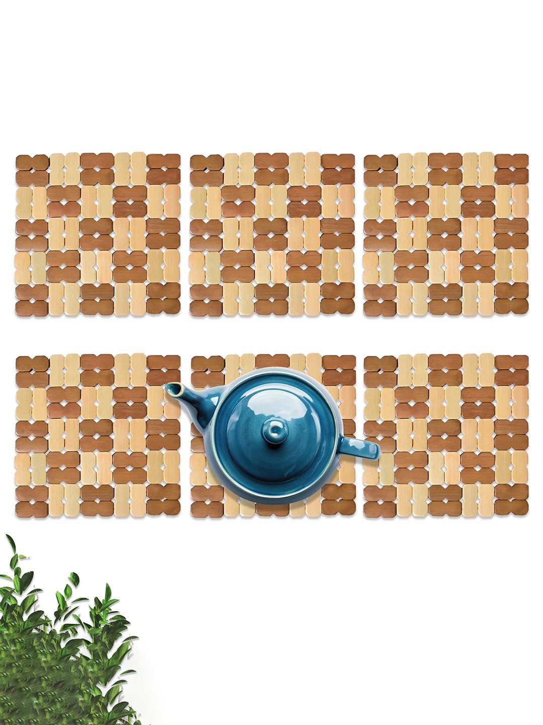

Kuber Industries 6-pcs Brown & Cream Bamboo Trivet TeaCoaster