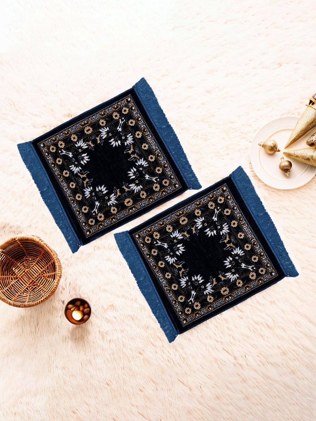 

Aura 2-Pcs Blue Floral Printed Velvet Finish pooja sitting floor Mat