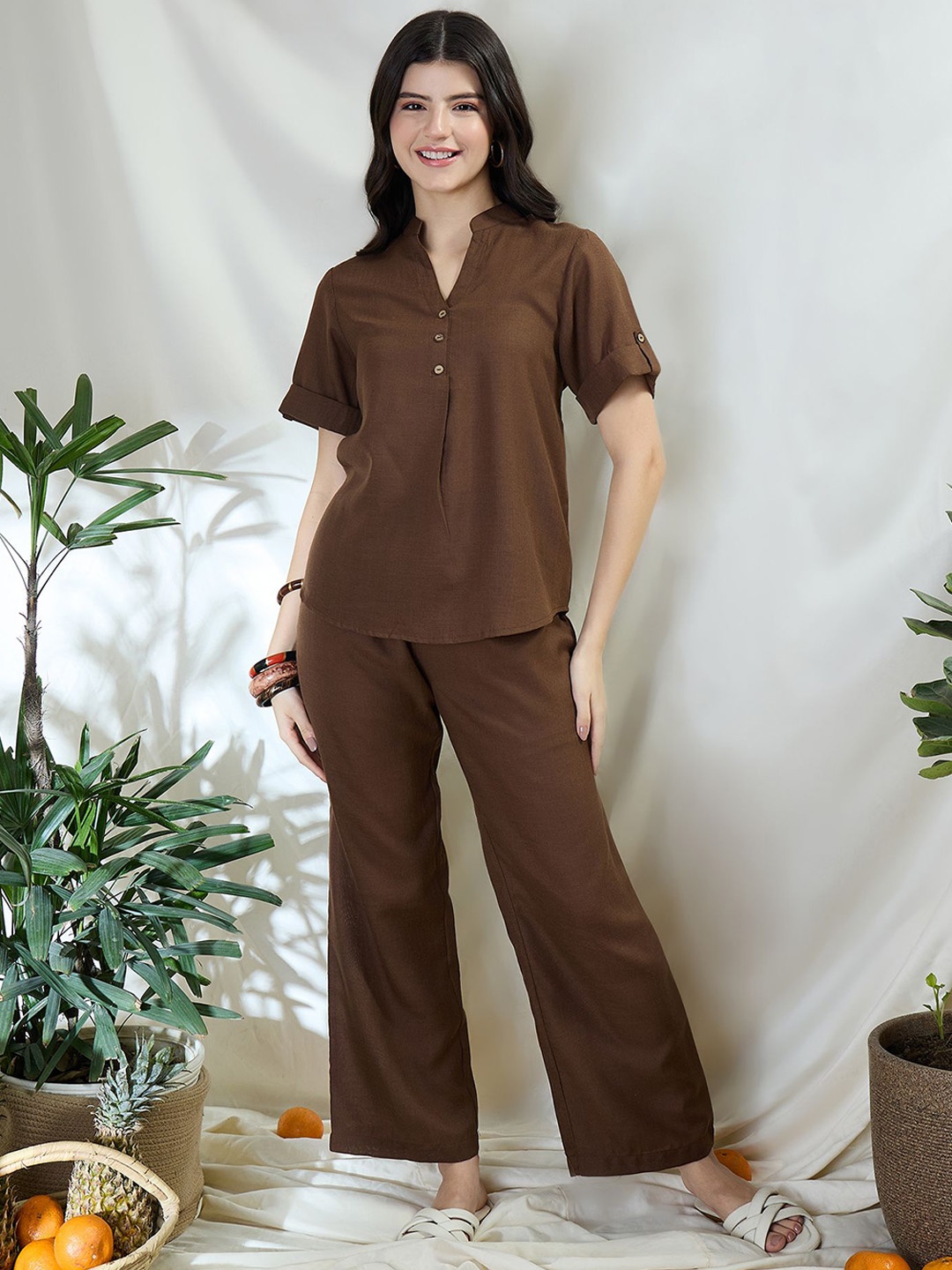

DRAPE AND DAZZLE Shirt Collar Top With Trousers Co-Ords Set, Brown