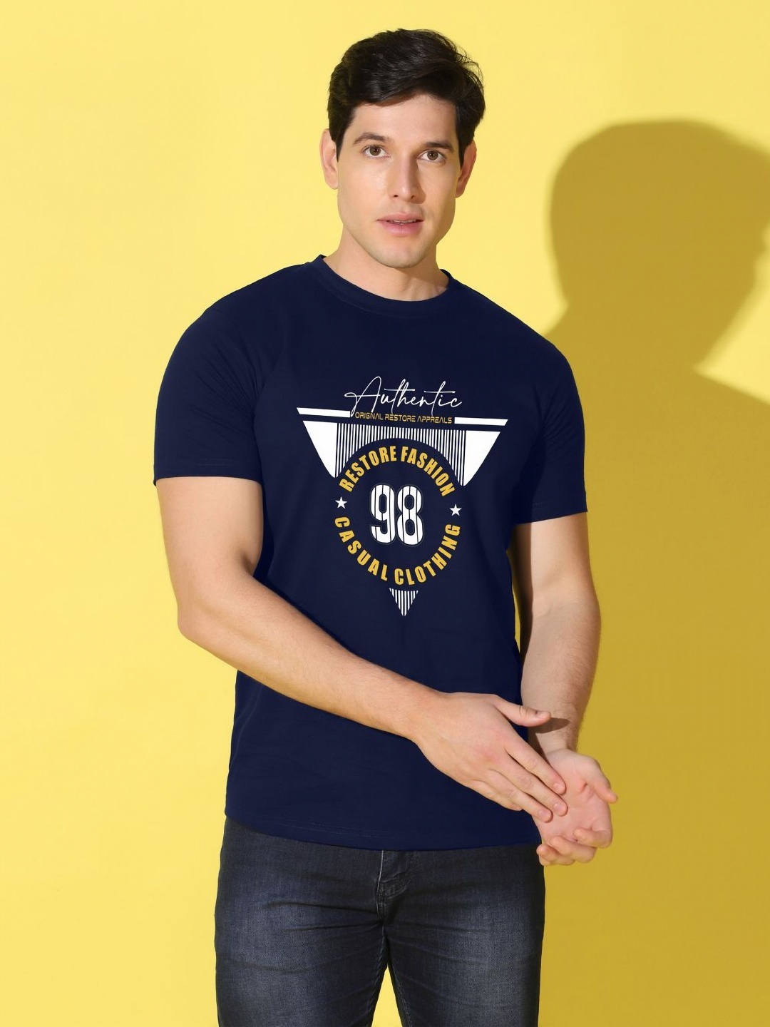 

WOOSTRO Men Typography Printed Slim Fit T-shirt, Navy blue