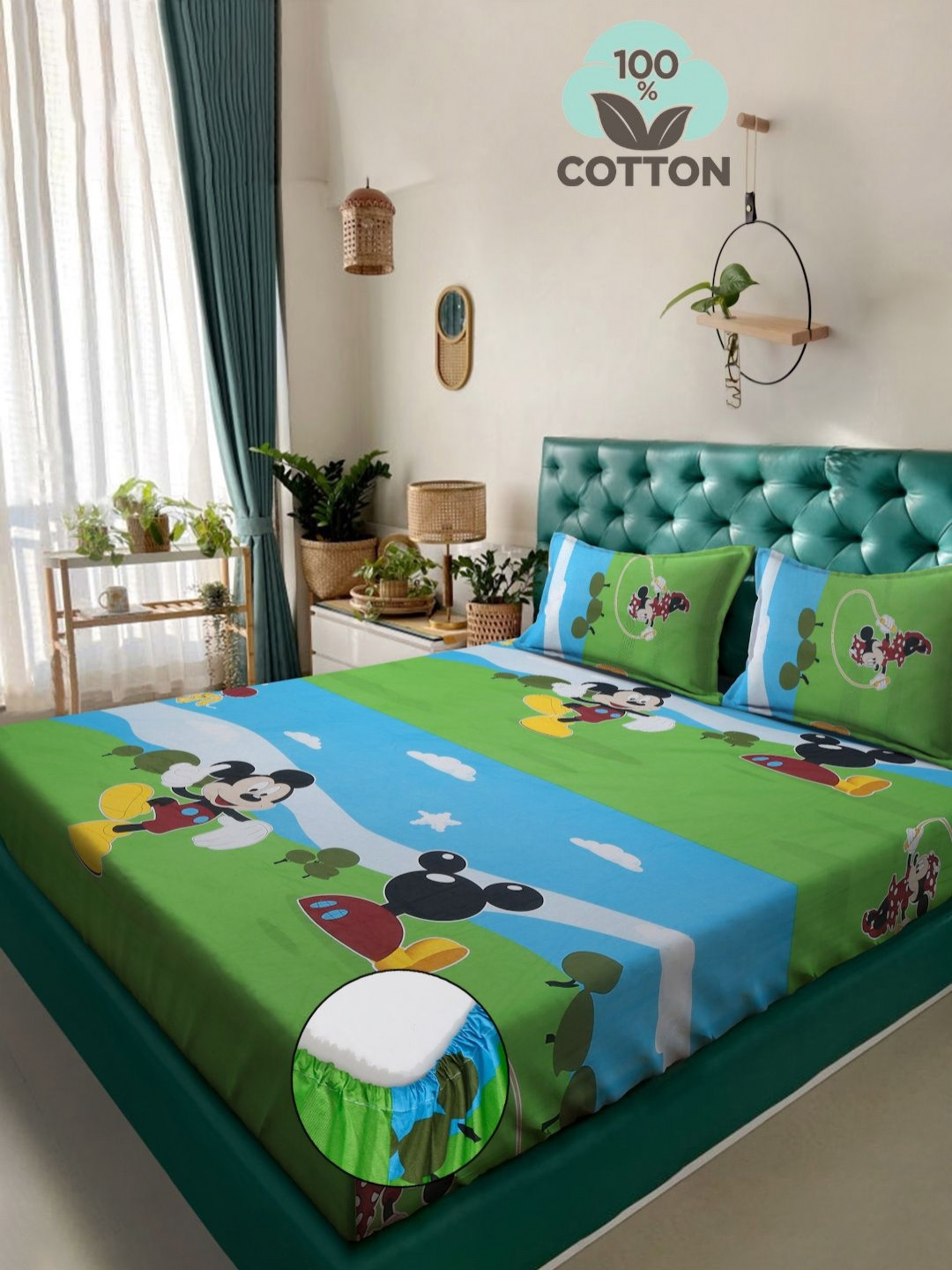 

Myntra Elegant Homes Blue & Green Cartoon Characters 400 TC King Bedsheet with 2 Pillow Covers