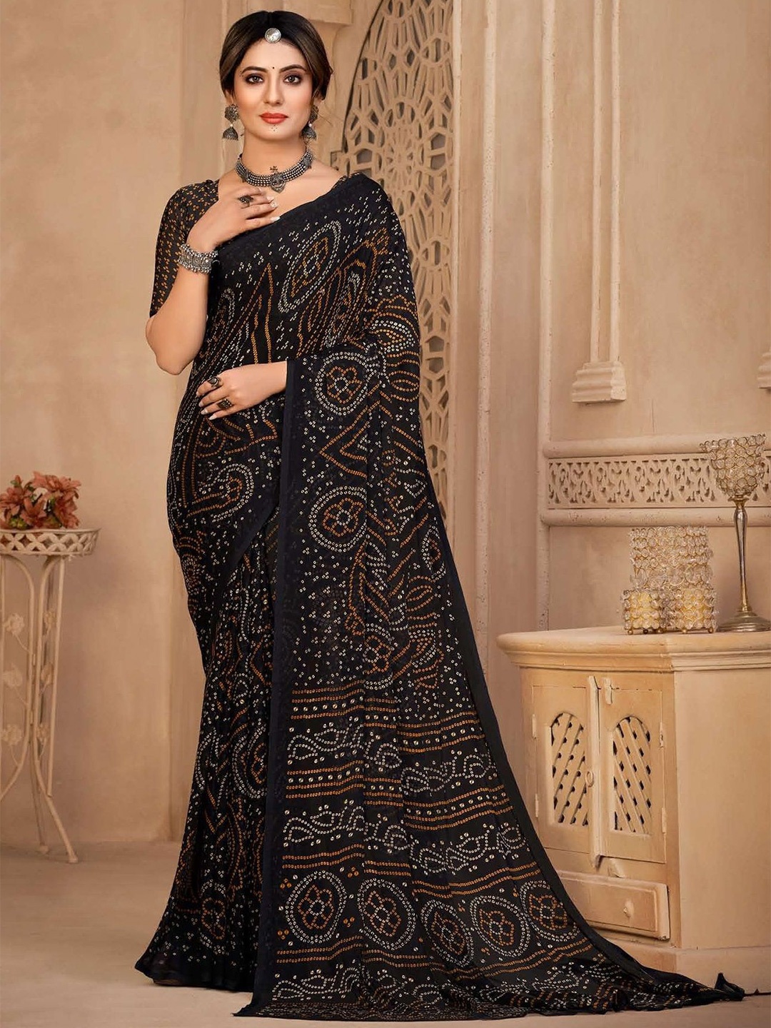 

Reboot Fashions Bandhani Pure Chiffon Bandhani Saree, Black