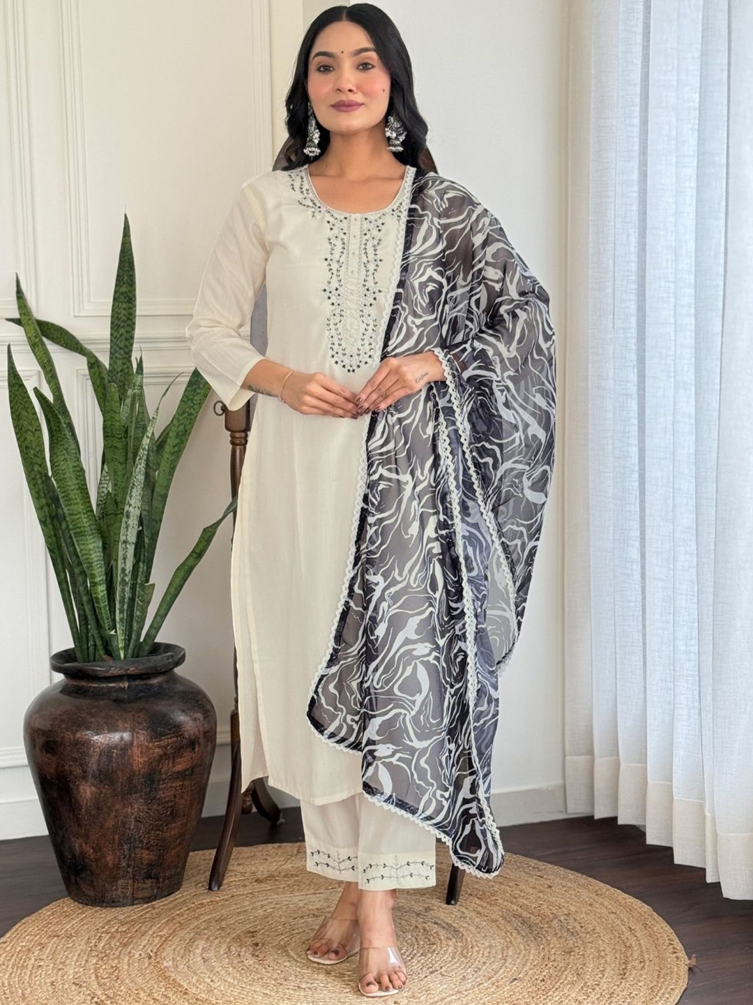 

KALINI Women Embroidered Regular Kurta with Trousers & With Dupatta, White