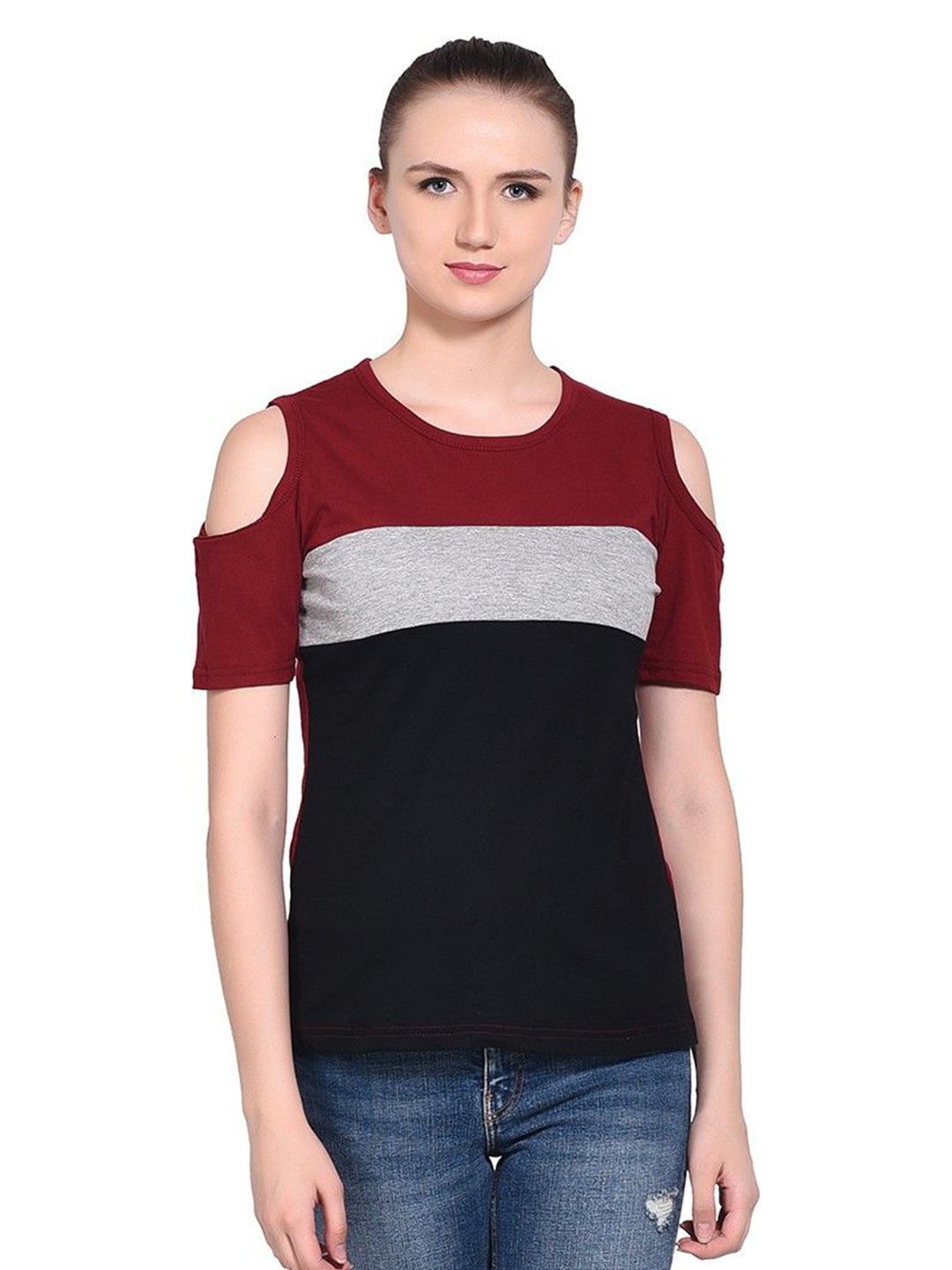 

BEYOU FASHION Women Colourblocked Pockets Slim Fit T-shirt, Maroon
