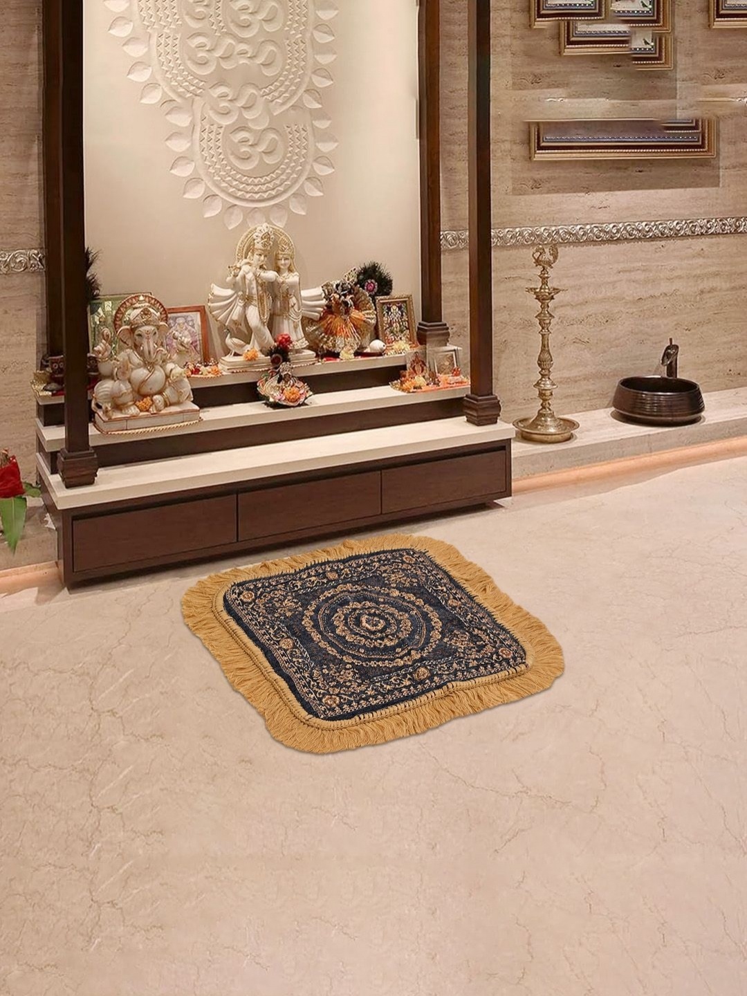 

Aura Grey Traditional Rangoli Printed Velvet Comfortable Pooja Floor Mat, Gold