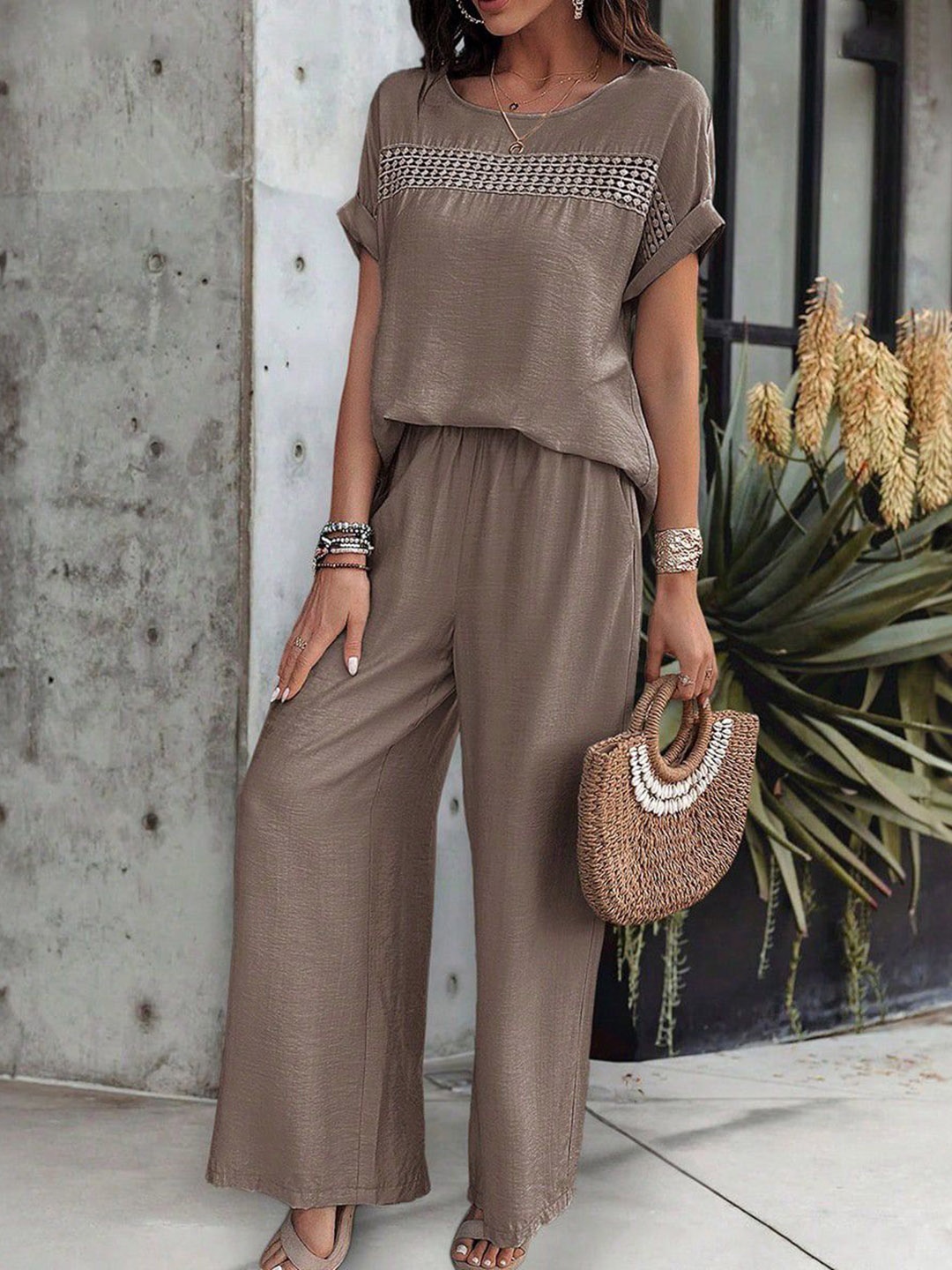 

all about you Embroidered Round-Neck Top With Trousers Co-Ords, Camel brown