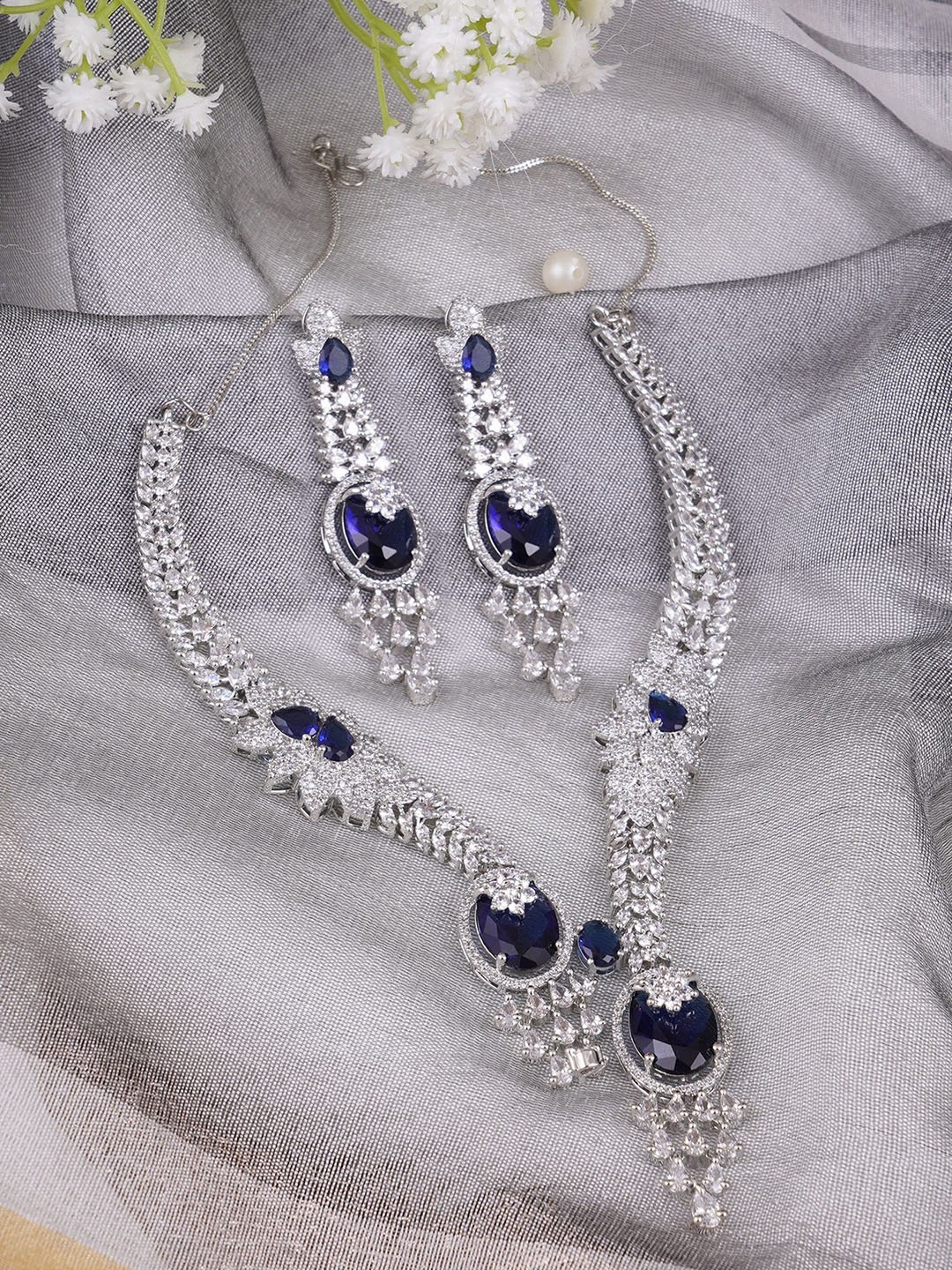 

Adwitiya Collection Rhodium-Plated American Diamond & Kundan Studded Jewellery Set, Silver
