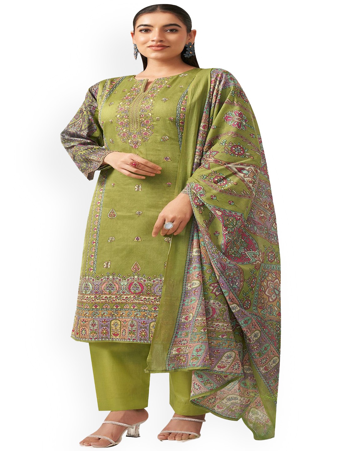 

DRAVINAM Trends Embroidered Pure Cotton Unstitched Dress Material, Green