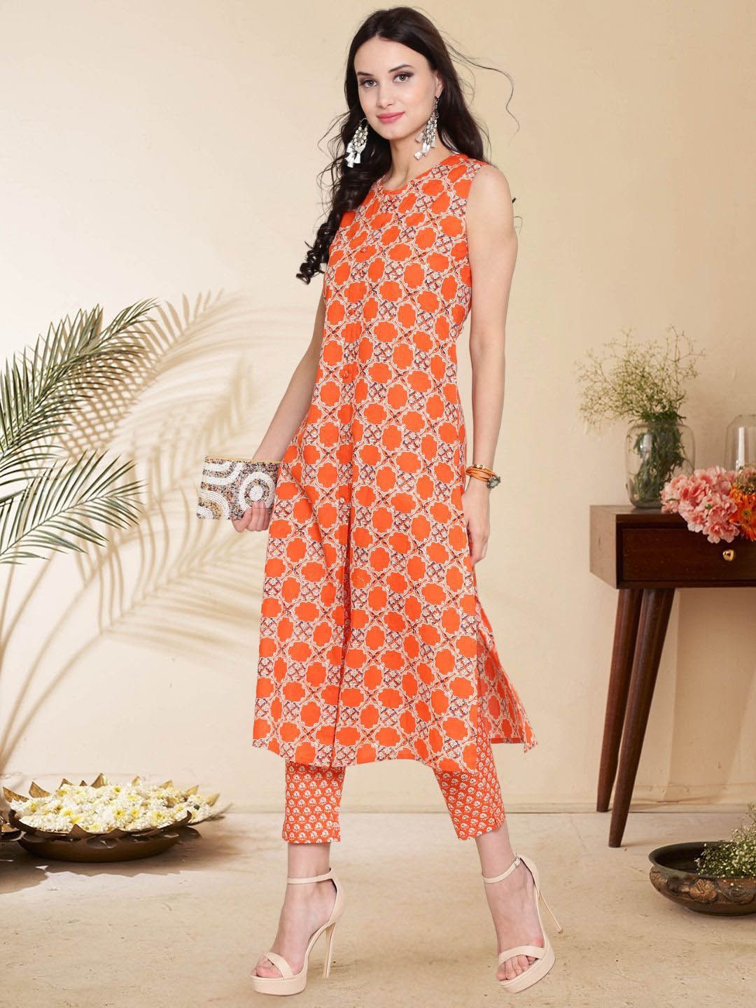 

Sera Printed Round-Neck Pure Cotton Top With Trousers Co-Ords, Orange