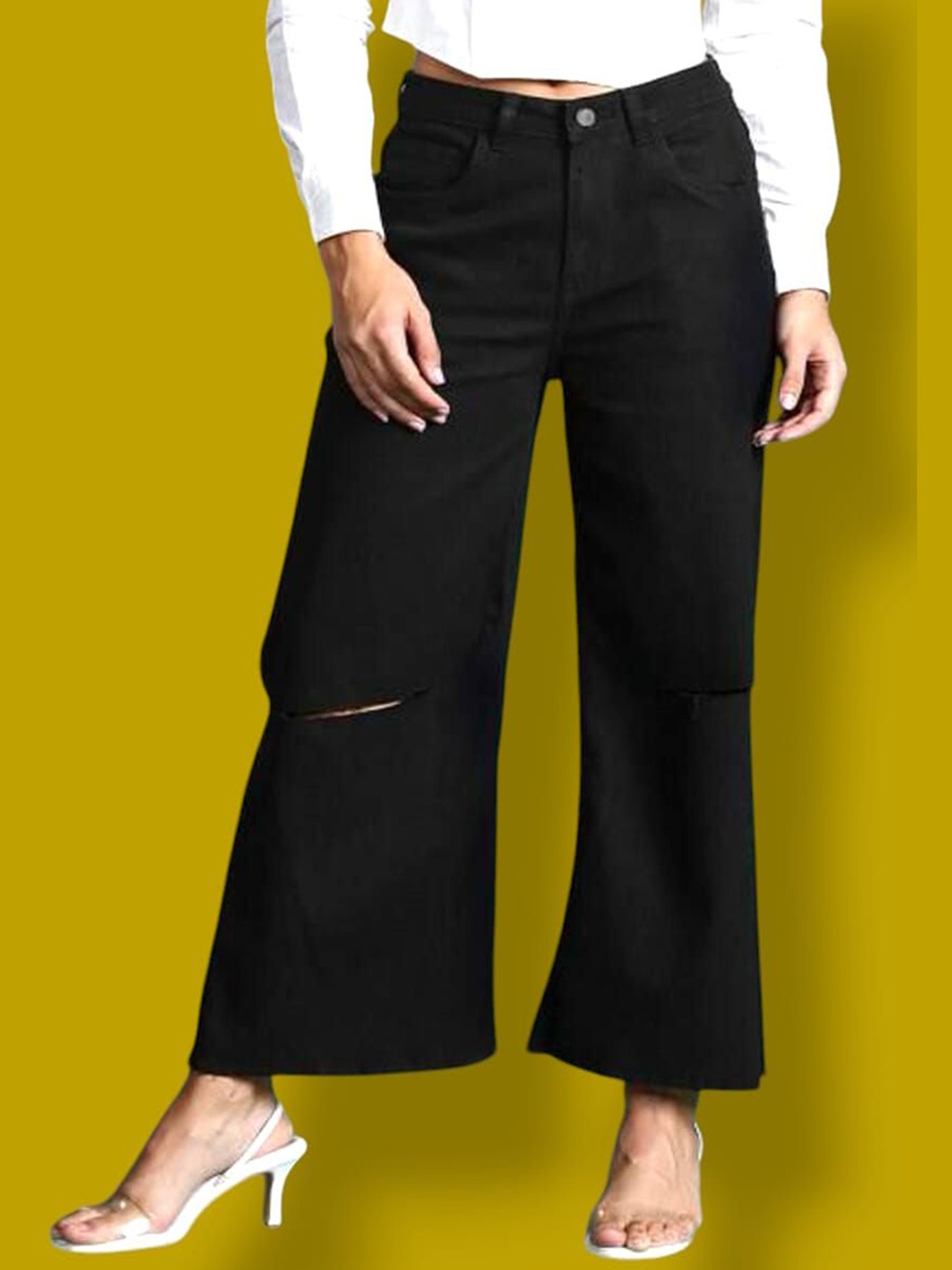 

Perfect Outlet Women Straight Fit High-Rise Slash Knee Jeans, Black