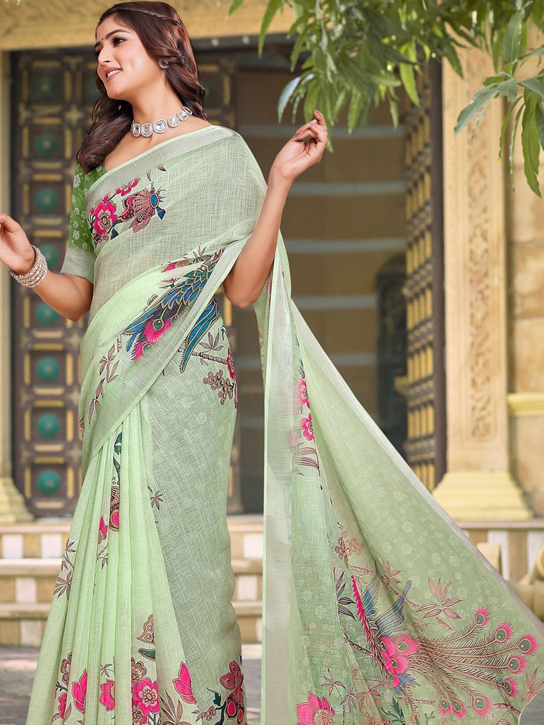 

Anouk Floral Linen Blend Designer Saree, Green
