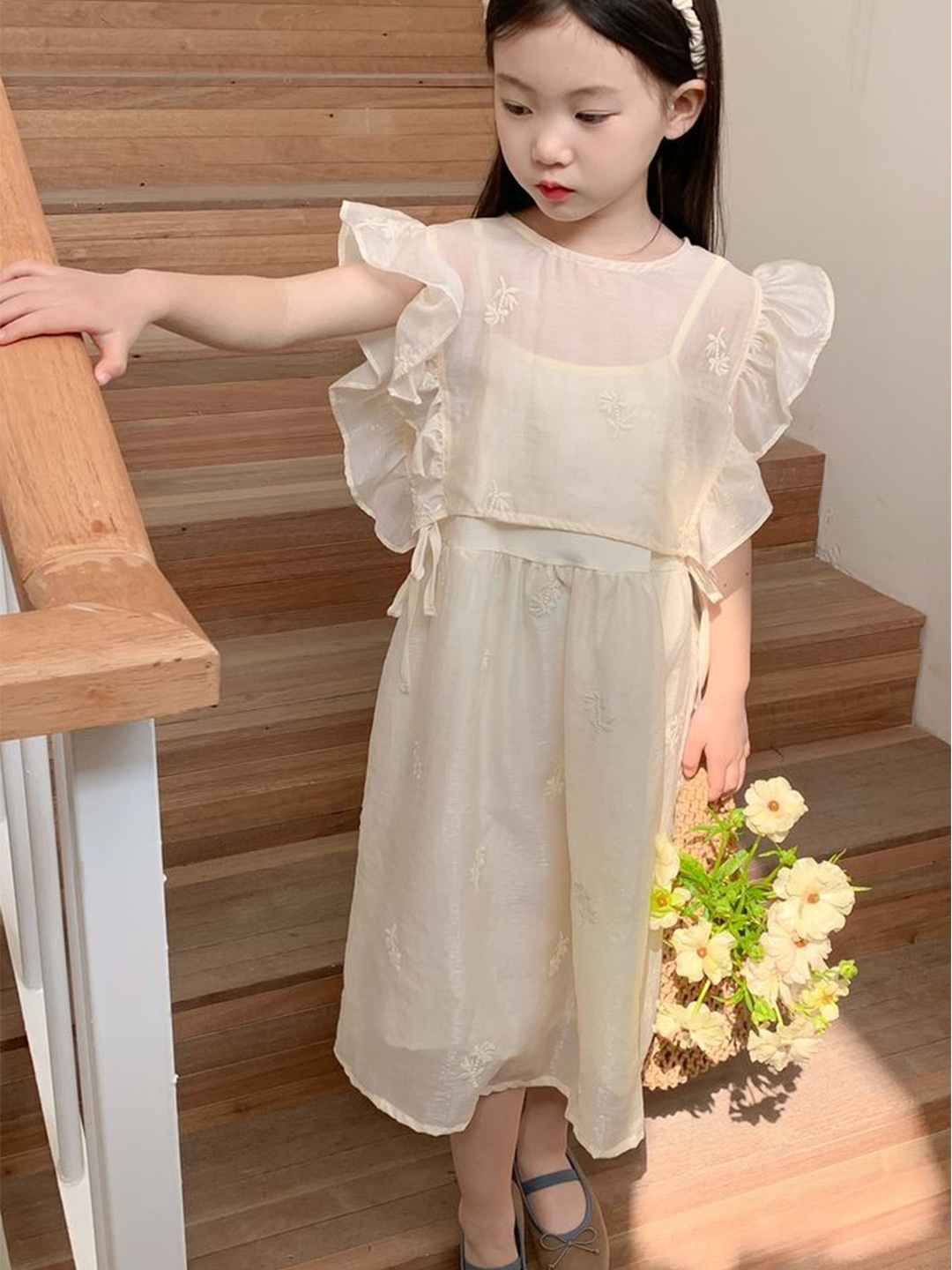 

LULU & SKY Floral Embroidered Flutter Sleeve A-Line Midi Dress With Top, Beige