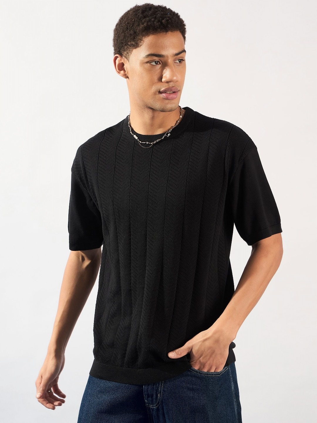 

DENNISON Round Neck Knitted Oversized T-Shirt, Black