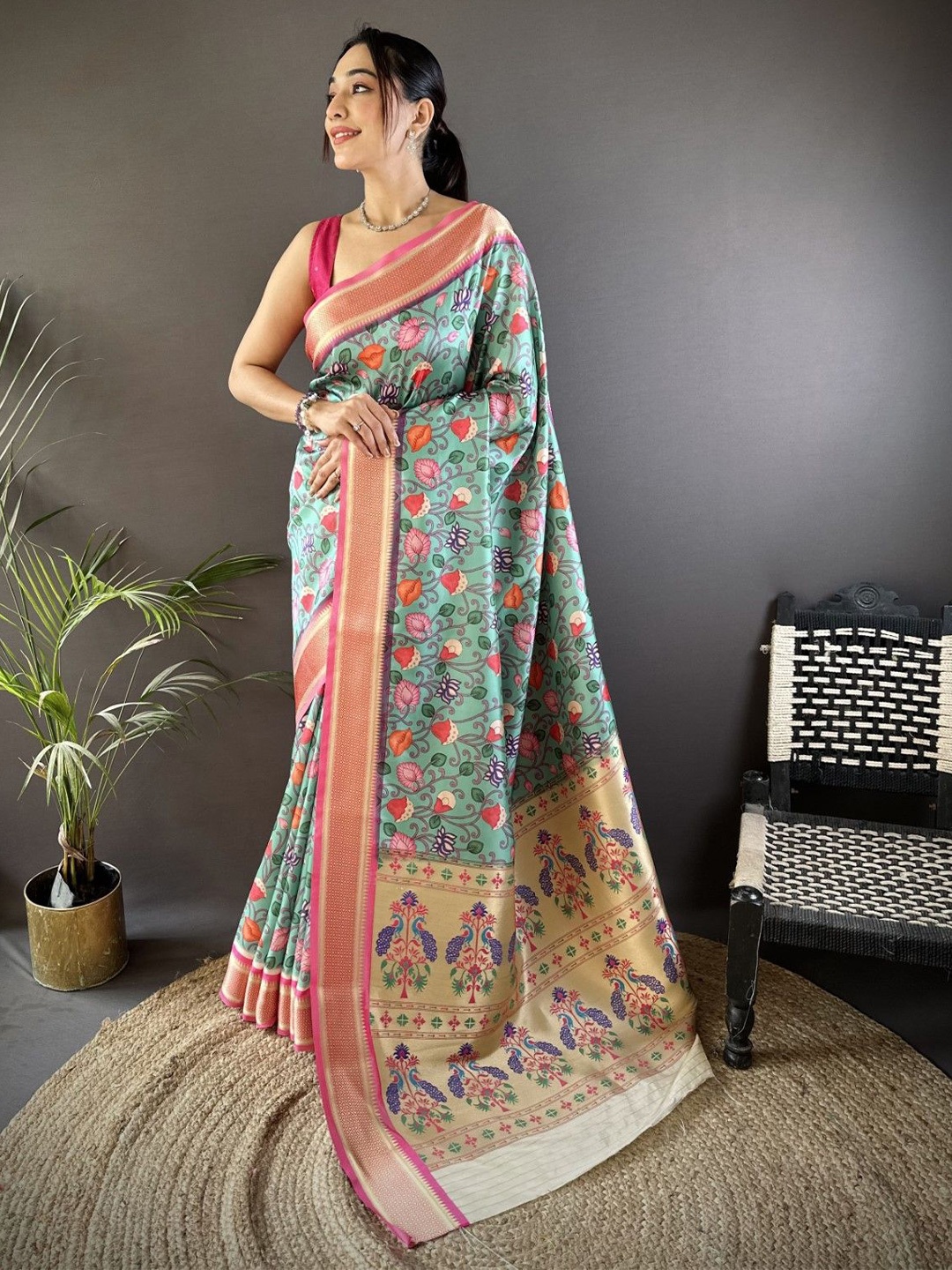 

LeeliPeeri Designer Floral Zari Silk Blend Banarasi Saree, Blue