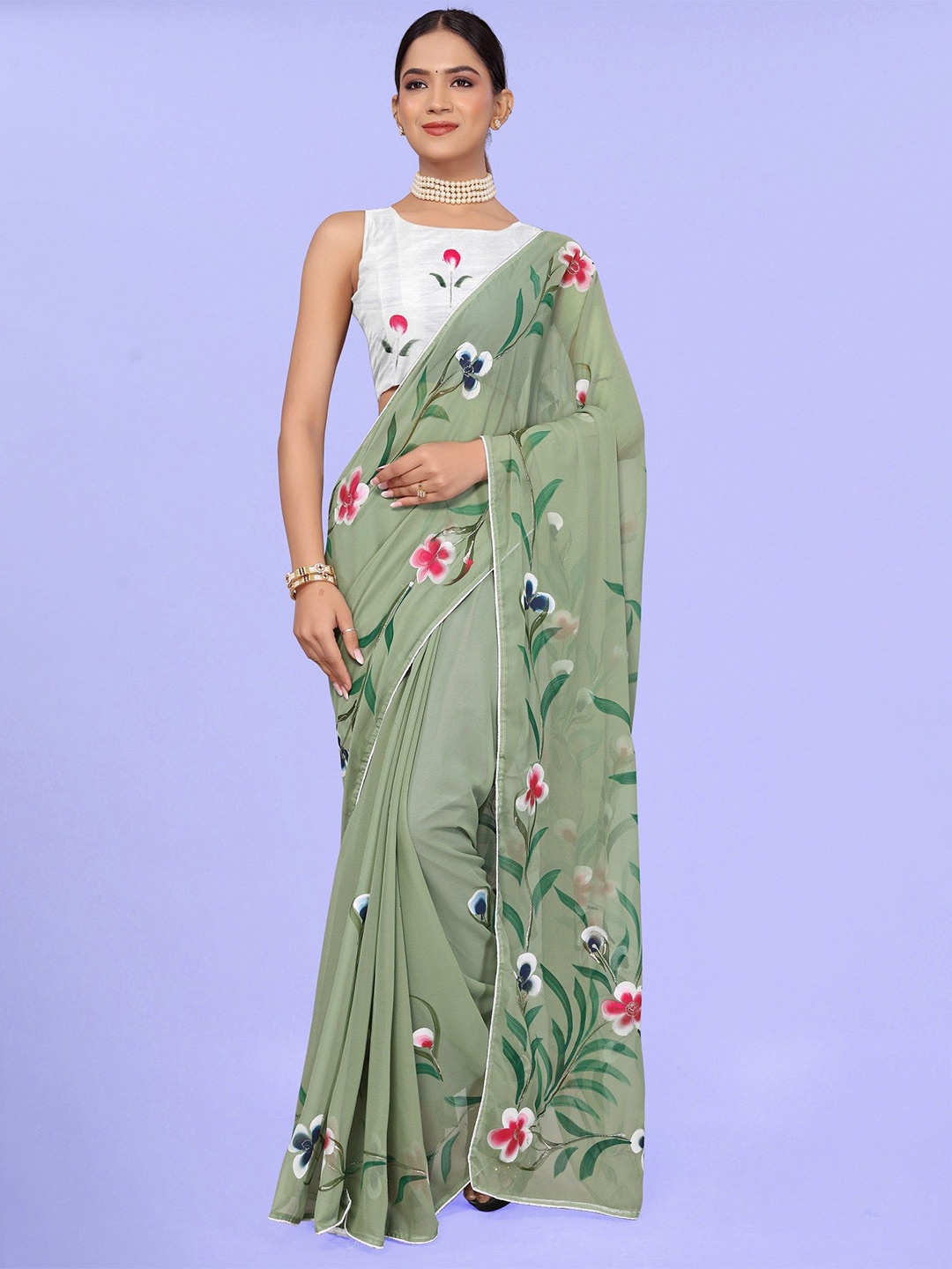 

Avojee Floral Poly Georgette Saree, Olive