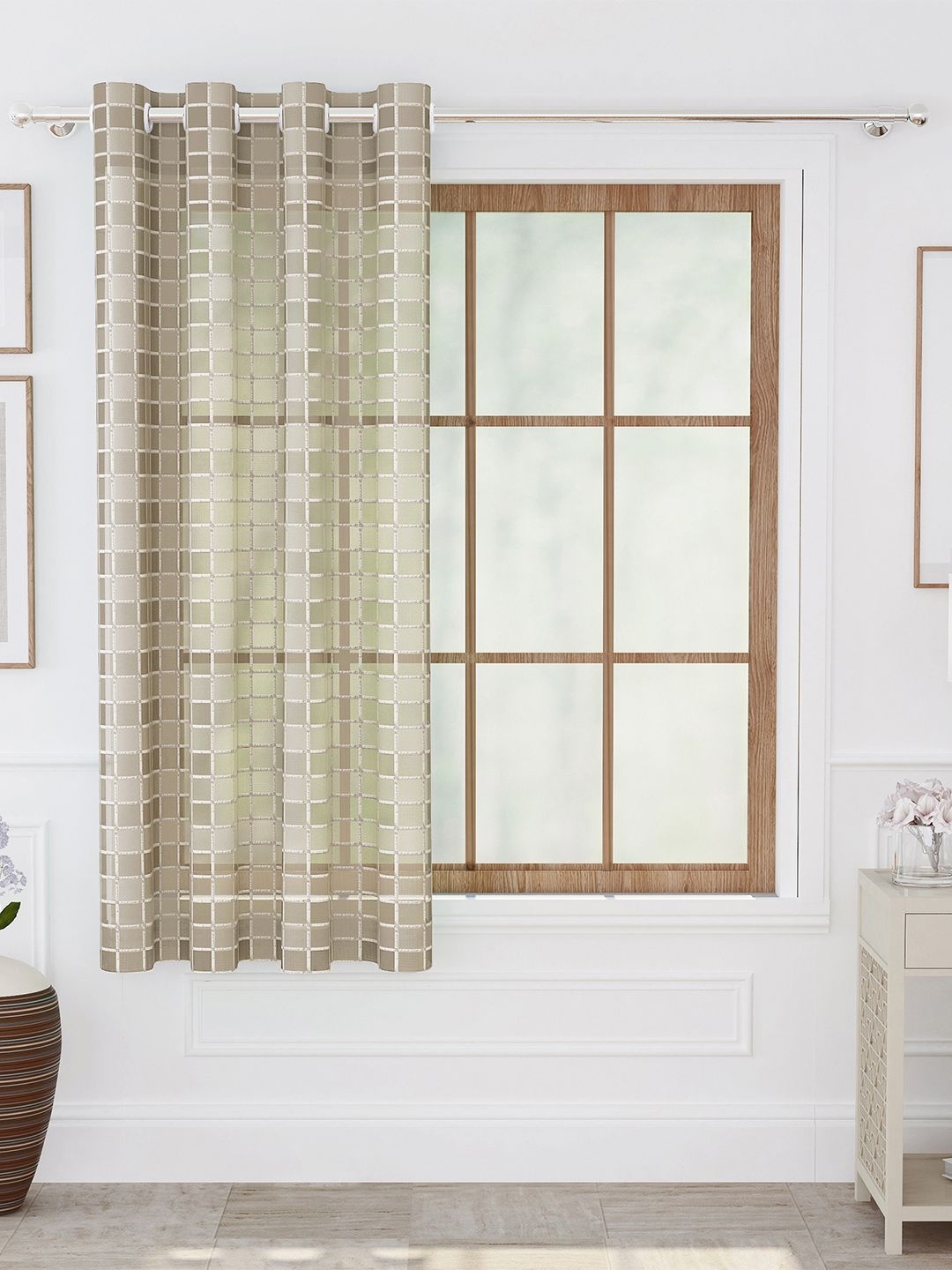 

Story@home Brown & Silver-Toned Geometric Sheer Window Curtain