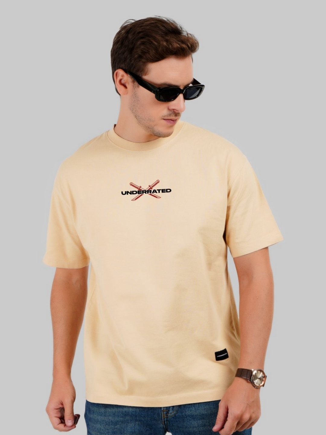 

Underrated Club Men Printed Bio Finish Raw Edge T-shirt, Beige