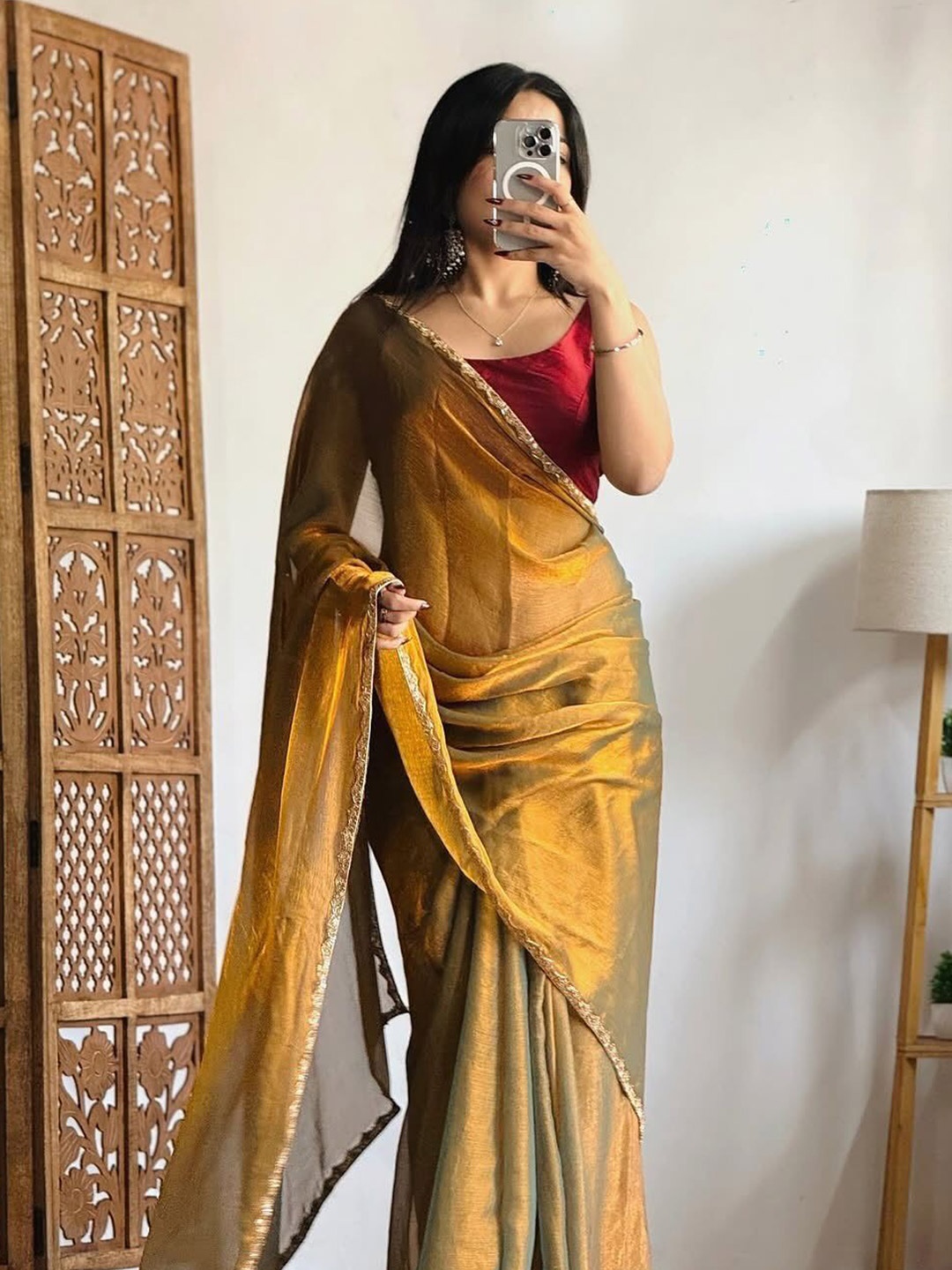 

Moda Rapido Beads and Stones Tissue Saree, Mustard