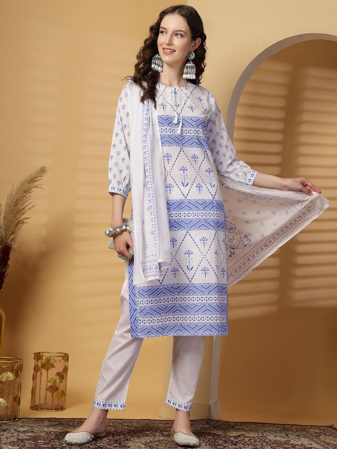 

Moda Rapido Women Floral Printed Regular Mirror Work Pure Cotton Kurta with Palazzos & With Dupatta, Blue