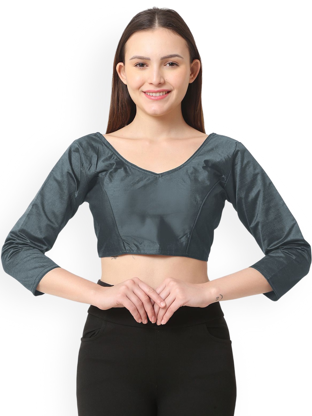 

Trendzmy V-Neck Three-Quarter Sleeves Saree Blouse, Grey
