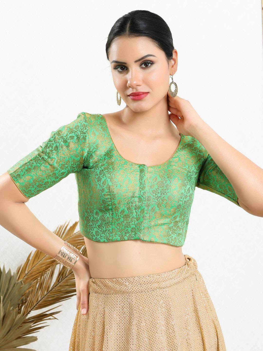 

VAMAS - THE DESIGNER BLOUSES Women Round Neck Padded Saree Blouse, Green