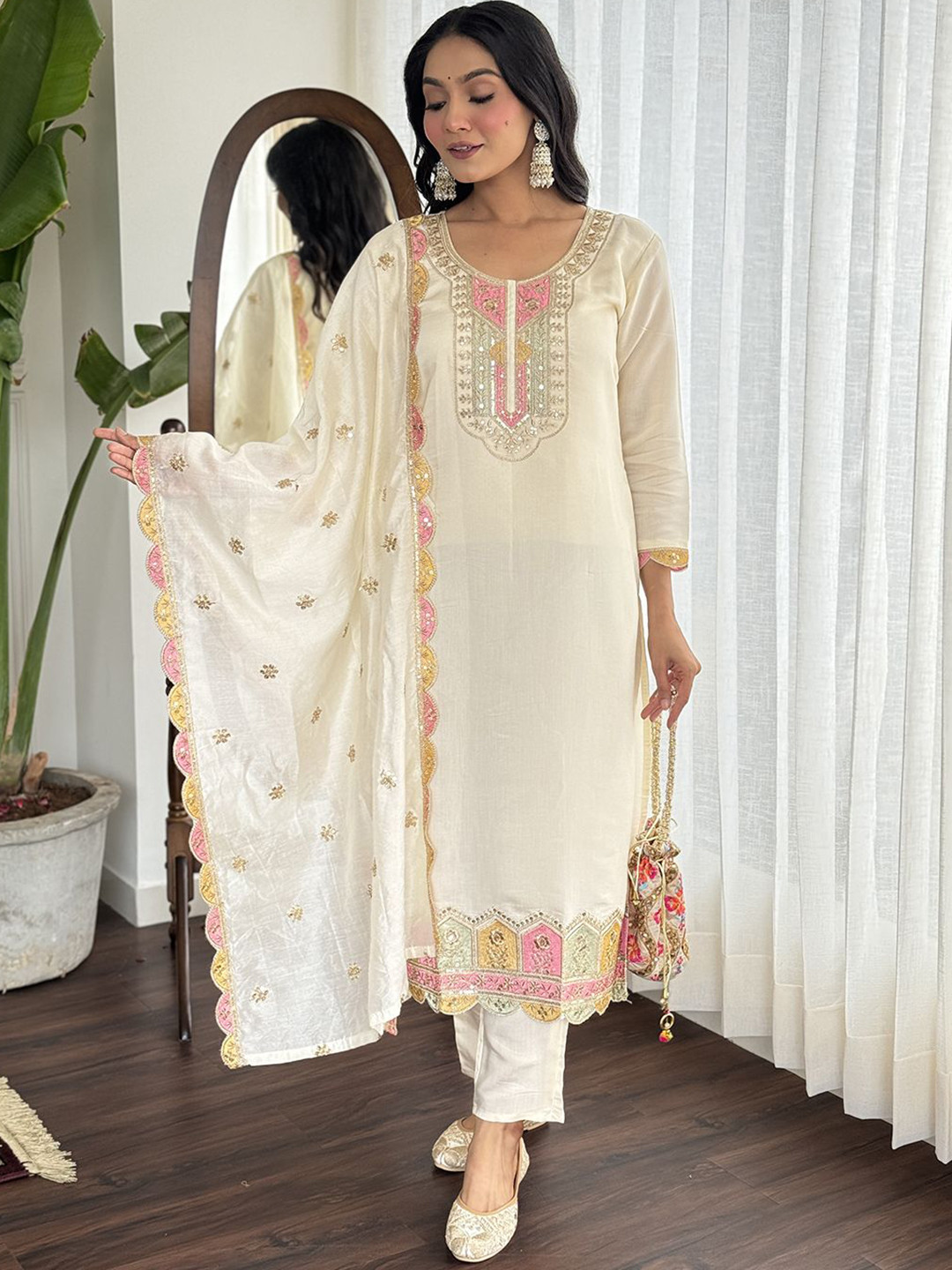 

Mitera Women Floral Thread Work Chanderi Silk Kurta with Trousers & With Dupatta, Cream