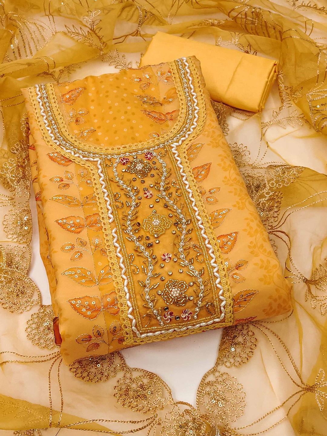 

SHADOW & SAINING Embroidered Organza Semi-Stitched Dress Material, Gold