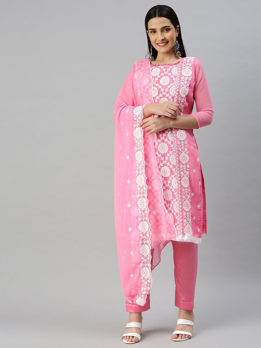 

SHADOW & SAINING Embroidered Silk Georgette Semi-Stitched Dress Material, Pink