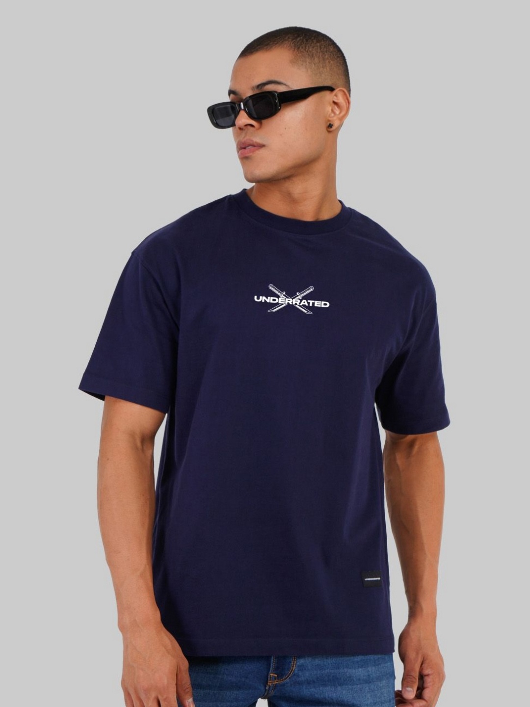 

Underrated Club Men Printed Drop-Shoulder Sleeves Bio Finish Applique T-shirt, Navy blue